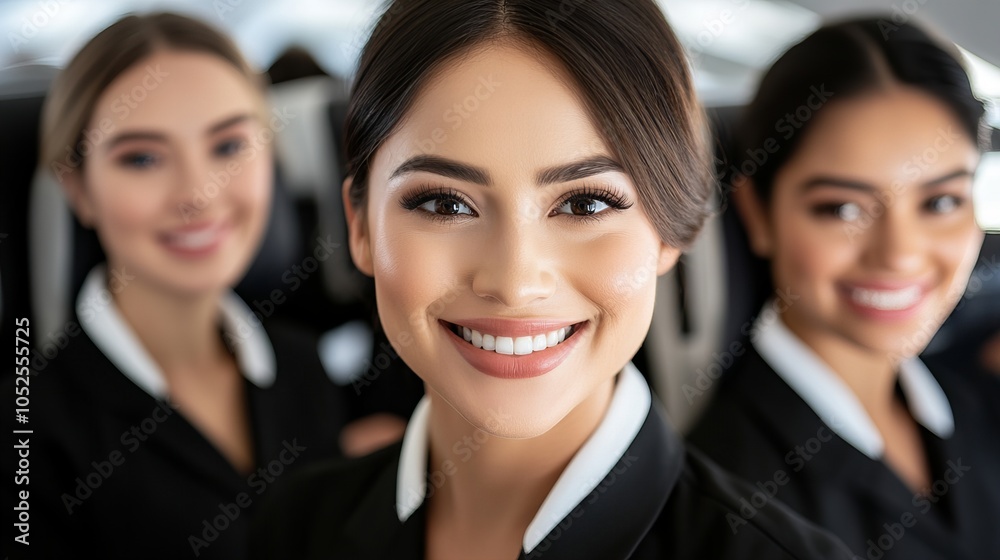 Three smiling flight attendants in uniform on an airplane. Three smiling flight attendants in uniform on an airplane.