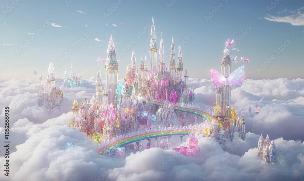 Crystal castle in the clouds with rainbow bridge. Crystal castle in the clouds with rainbow bridge.