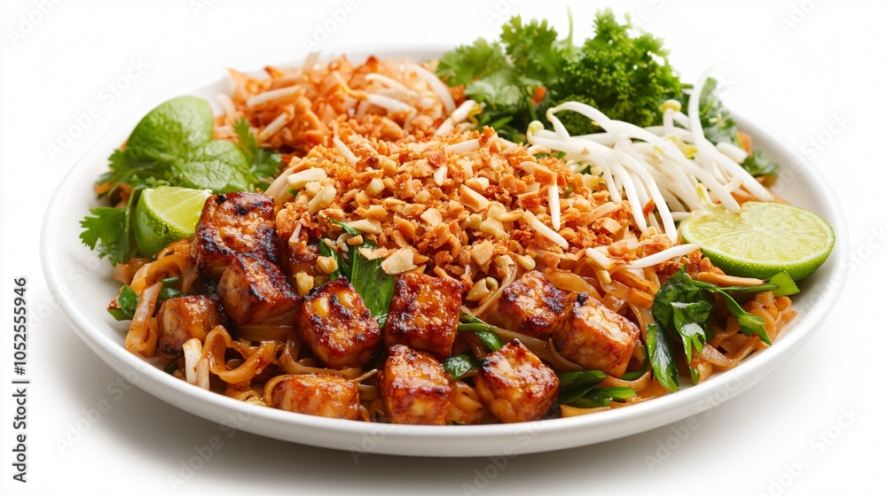 Vegetarian Pad Thai with crispy tempeh, isolated on a white plate, garnished with fried shallots, lime slices, and Thai herbs Vegetarian Pad Thai with crispy tempeh, isolated on a white plate, garnished with fried shallots, lime slices, and Thai herbs