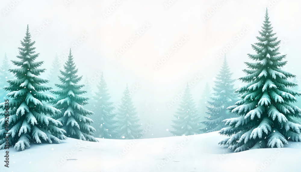 Obraz premium Snowy winter landscape with evergreen trees creating a serene atmosphere for New Year's Eve in watercolor style