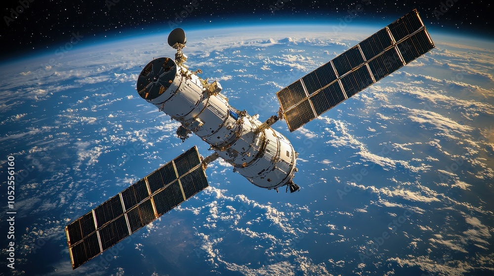 Obraz premium Space station orbiting Earth with solar panels deployed