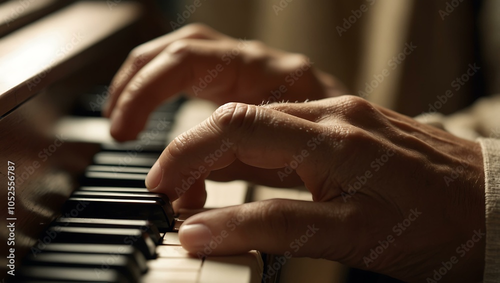 Fototapeta premium Close-up of a man’s hands playing piano in warm lighting.