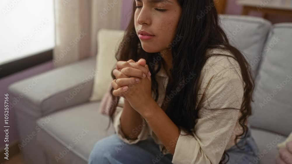 Young woman praying with crossed hands while sitting on a sofa in a cozy living room Young woman praying with crossed hands while sitting on a sofa in a cozy living room