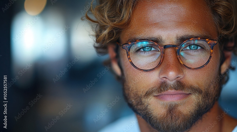 A close-up portrait of a man with curly hair and glasses, showcasing bright blue eyes and a well-groomed beard in a modern indoor setting A close-up portrait of a man with curly hair and glasses, showcasing bright blue eyes and a well-groomed beard in a modern indoor setting