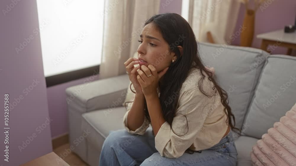 Woman sitting on couch in living room appearing pensive, wearing a beige shirt and blue jeans, with long dark hair, showcasing a cozy home atmosphere and thoughtful expression Woman sitting on couch in living room appearing pensive, wearing a beige shirt and blue jeans, with long dark hair, showcasing a cozy home atmosphere and thoughtful expression