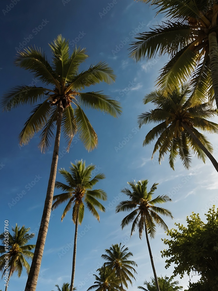 Fototapeta premium Coconut palm trees under a sunny blue sky.