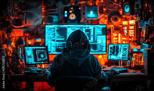 Hooded figure at computer with red and blue lights. photo