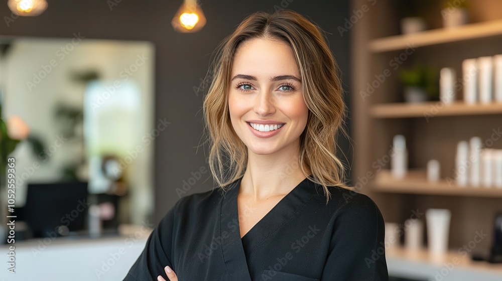 Smiling beauty professional in a contemporary salon, confidently ready to deliver premium beauty treatments in a well-lit, stylish interior Smiling beauty professional in a contemporary salon, confidently ready to deliver premium beauty treatments in a well-lit, stylish interior