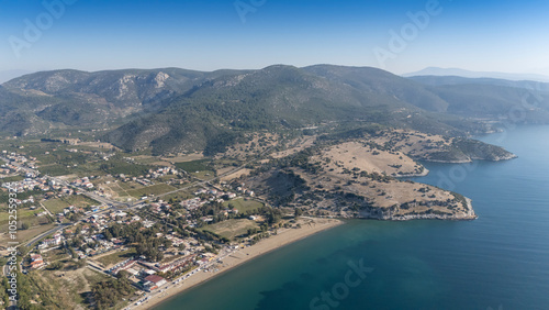 Aerial view over Ahmetbeyli coastal resort town in Menderes district of Izmir province in Turkey. photo