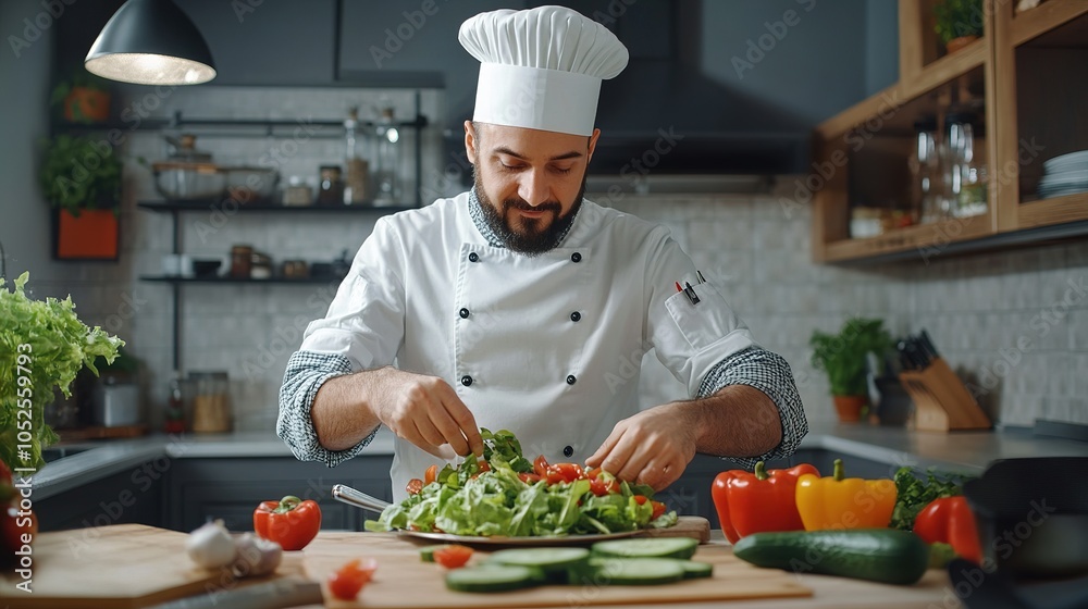 Professional chef preparing a fresh salad on the kitchen counter, with various ingredients like bell peppers, lettuce, and cucumbers around him Professional chef preparing a fresh salad on the kitchen counter, with various ingredients like bell peppers, lettuce, and cucumbers around him