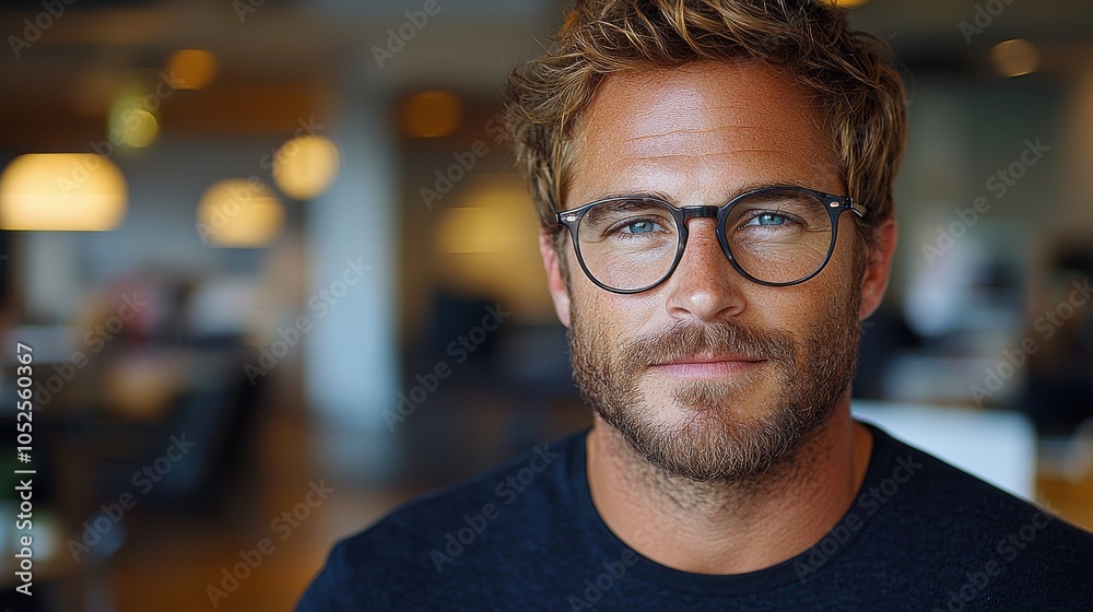 A confident man with glasses poses for a casual portrait in a modern office setting during the daytime A confident man with glasses poses for a casual portrait in a modern office setting during the daytime