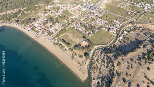 Aerial view over Ahmetbeyli coastal resort town in Menderes district of Izmir province in Turkey. photo