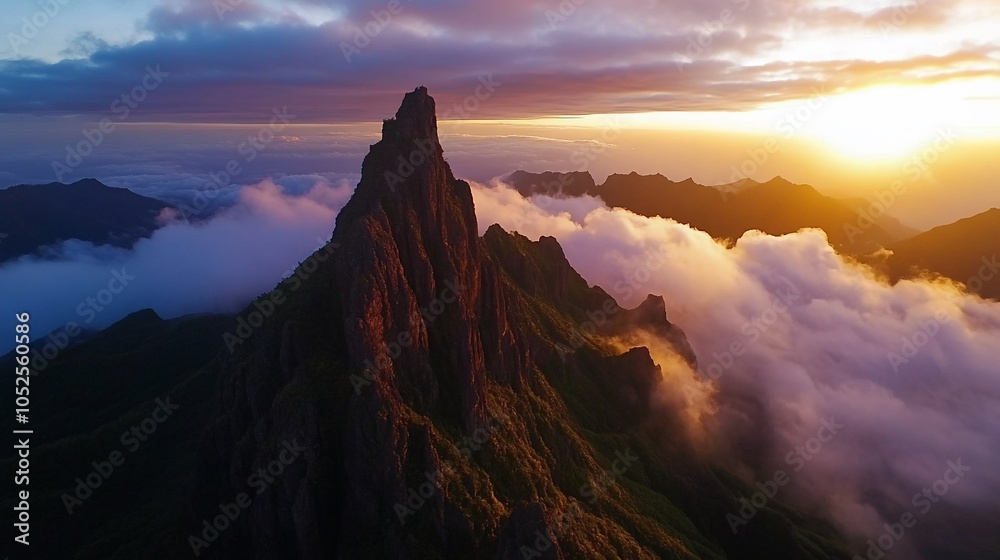 A majestic mountain peak rises above a sea of clouds, bathed in the golden light of a breathtaking sunset.
