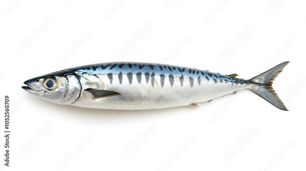 Fresh mackerel fish (Decapterus) isolated on a white background, highlighting its silver scales and streamlined body Fresh mackerel fish (Decapterus) isolated on a white background, highlighting its silver scales and streamlined body