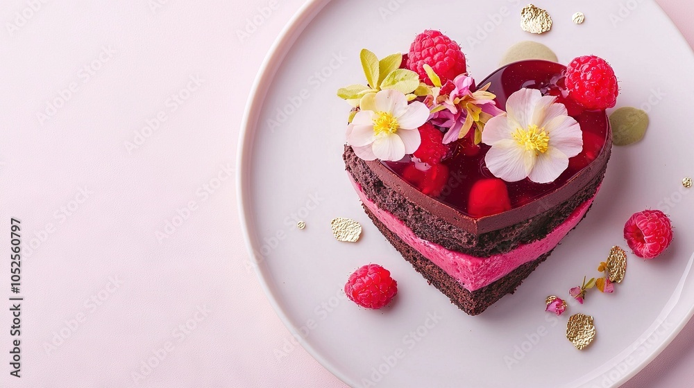 A heart-shaped piece of cake decorated with raspberries and flowers on a white plate on a pink tablecloth A heart-shaped piece of cake decorated with raspberries and flowers on a white plate on a pink tablecloth
