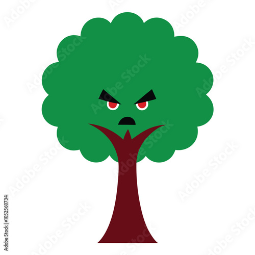 Angry Tree Cartoon Character with Green Leaves and Red Eyes