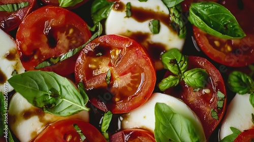  A healthy, colorful salad featuring ripe tomatoes, fresh mozzarella, aromatic basil, and creamy mozzarella cheese, all resting on a bed of cris