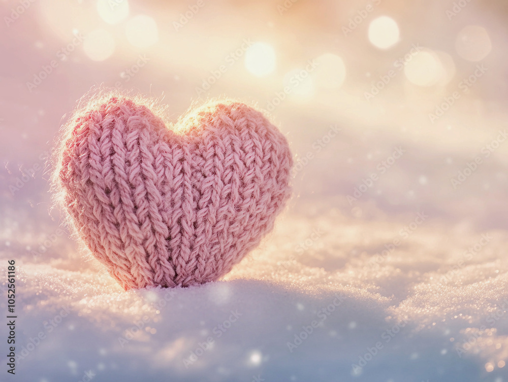 Pink knitted heart resting on snow with a dreamy bokeh background in soft tones Pink knitted heart resting on snow with a dreamy bokeh background in soft tones