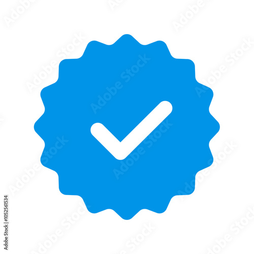 Blue checkmark icon for verified social media accounts: approved profile symbol with a tick inside a rounded star. Vector illustration on a transparent background.