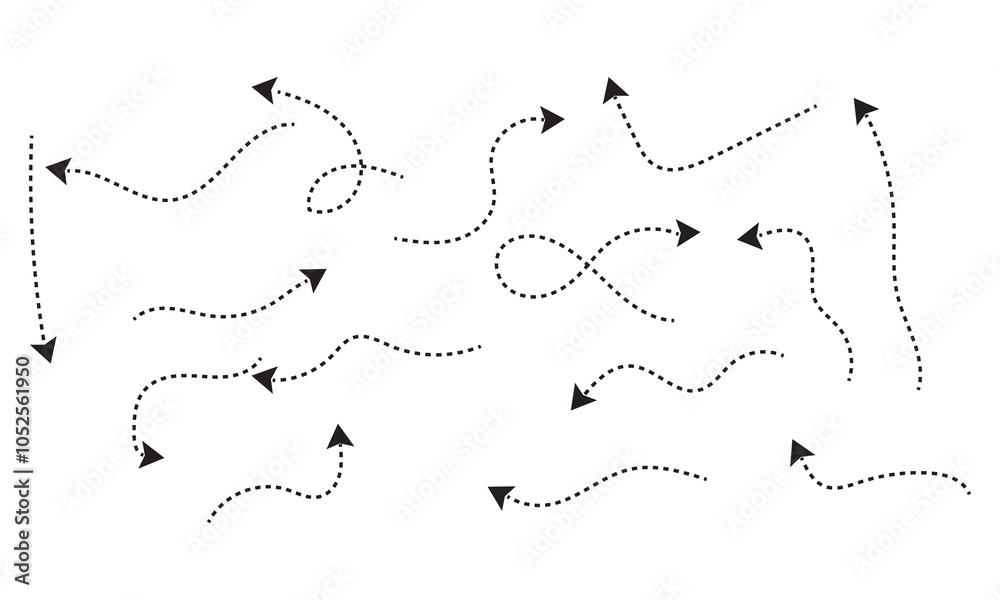 Hand drawn dotted arrows. curved dashed arrows set. Hand drawn dotted arrows on white background. Hand drawn dotted arrows. curved dashed arrows set. Hand drawn dotted arrows on white background.