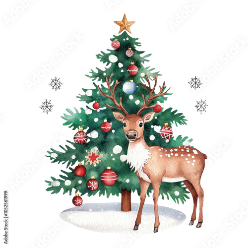 A festive watercolor illustration featuring a reindeer standing beside a decorated Christmas tree adorned with colorful ornaments, baubles, and a star on top. Snowflakes, holiday charm, joyful scene.