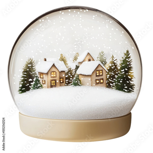A serene illustration of a snow globe containing a cozy village surrounded by snow-covered pine trees. The softly glowing cottages and falling snowflakes create a peaceful winter atmosphere.