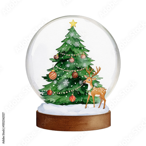 A festive snow globe illustration featuring a beautifully decorated Christmas tree with ornaments and a delicate reindeer standing in the snow. Charming holiday scene, the magic of Christmas.