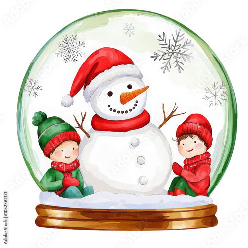 A delightful watercolor-style illustration of a snow globe featuring two children in winter attire sitting beside a cheerful snowman, surrounded by snowflakes. Festive scene, the joy of holiday season
