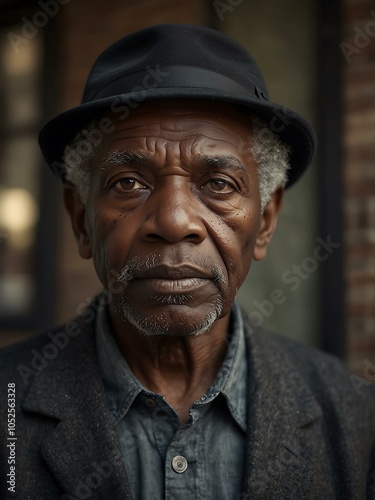 Elderly Black man captured in urban elegance.