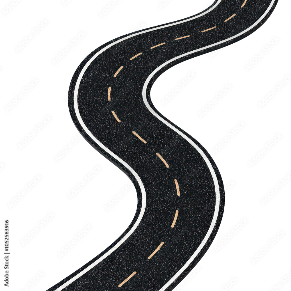 Curved asphalt road with white lane markings on a black surface. transparent background. Curved asphalt road with white lane markings on a black surface. transparent background.