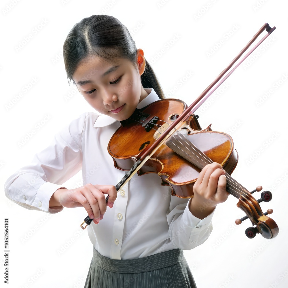 Student playing a violin with a bow against a white background during music practice. Generative AI Student playing a violin with a bow against a white background during music practice. Generative AI