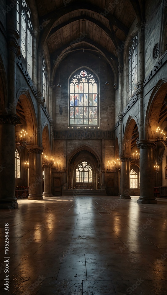 Fantasy medieval Great Hall in a royal palace. Fantasy medieval Great Hall in a royal palace.