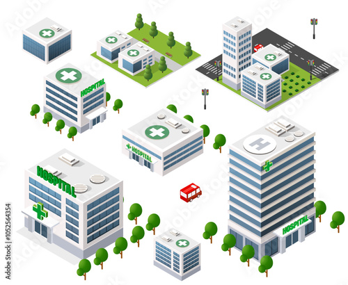 Set of isolated isometric hospital buildings of different sizes and shapes, with surrounding greenery, representing clinic architecture