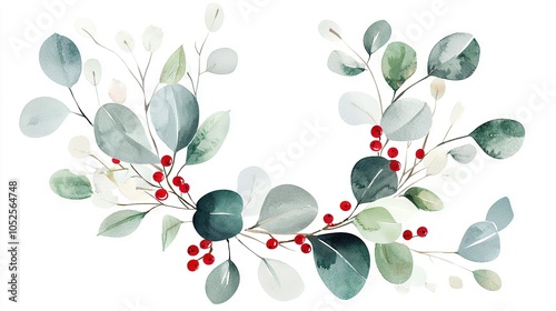   Watercolor depiction of branch with red berries and green foliage against white backdrop
