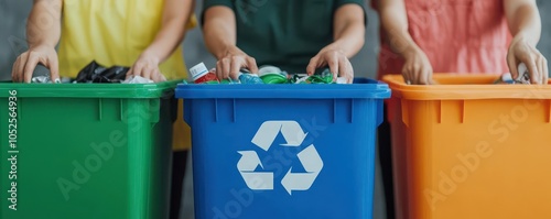 Hands sorting recyclable materials in colorful bins.