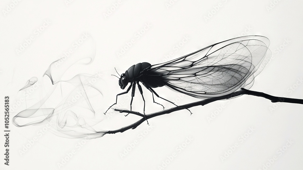 A grayscale image depicts a fly perched on a tree limb, emitting wisps from its wings A grayscale image depicts a fly perched on a tree limb, emitting wisps from its wings