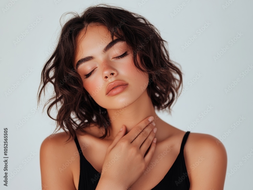 A young woman with curly hair poses gracefully, expressing calmness and confidence in a minimalistic studio setting A young woman with curly hair poses gracefully, expressing calmness and confidence in a minimalistic studio setting