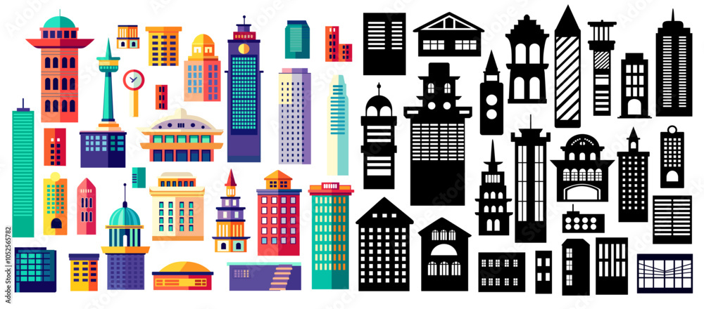 Depicting various architectural styles, this collection of buildings is perfect for urban planning or real estate projects