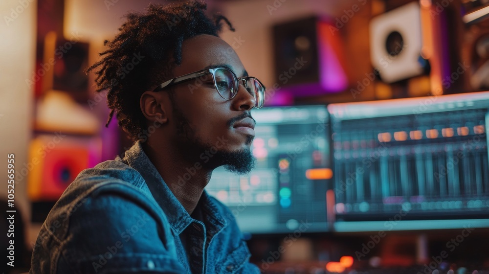 Audio engineer focused on sound editing, using a sophisticated digital interface in a recording studio Audio engineer focused on sound editing, using a sophisticated digital interface in a recording studio