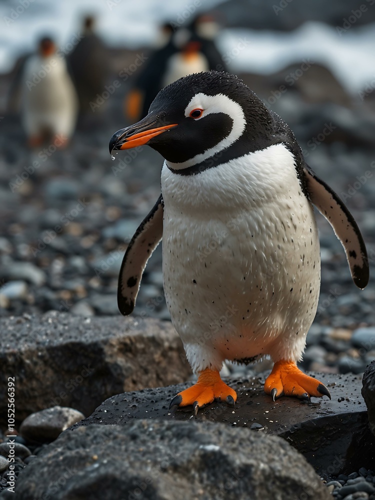 Fototapeta premium Focused shot of a penguin on stones in Antarctica.