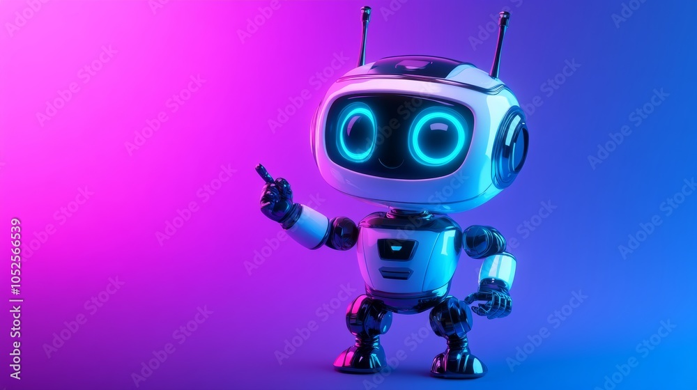 A futuristic robot with glowing features points in an aesthetically vibrant setting blending shades of blue and pink A futuristic robot with glowing features points in an aesthetically vibrant setting blending shades of blue and pink