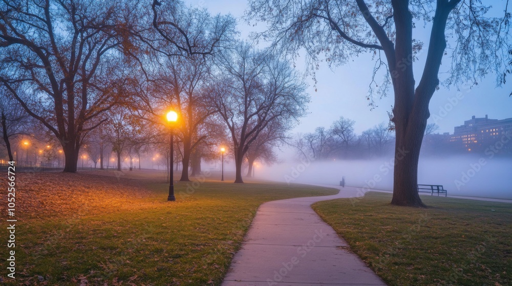 Foggy Pathway through a Park with Streetlights and Bare Trees