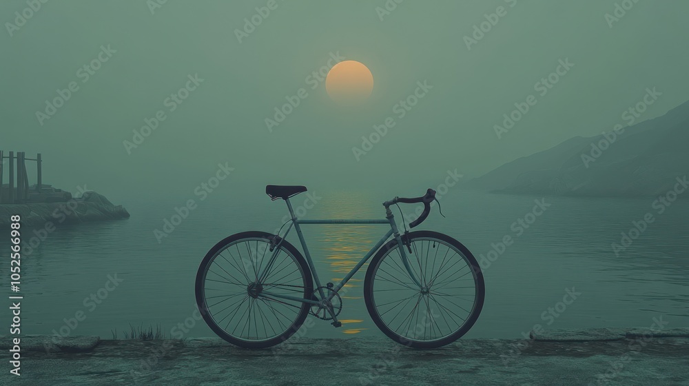 Fototapeta premium A bicycle silhouetted against a setting sun, on a foggy beach.