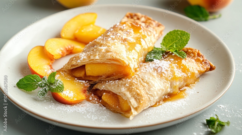 Peach turnover with crispy edges, placed on a white porcelain plate, with fresh peach slices, mint leaves, and a sprinkle of sugar crystals Peach turnover with crispy edges, placed on a white porcelain plate, with fresh peach slices, mint leaves, and a sprinkle of sugar crystals