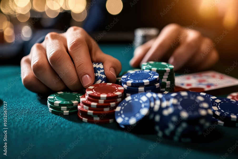 Close-up of a Gambler’s Hand with Poker Chips on Green Felt Table Close-up of a Gambler’s Hand with Poker Chips on Green Felt Table