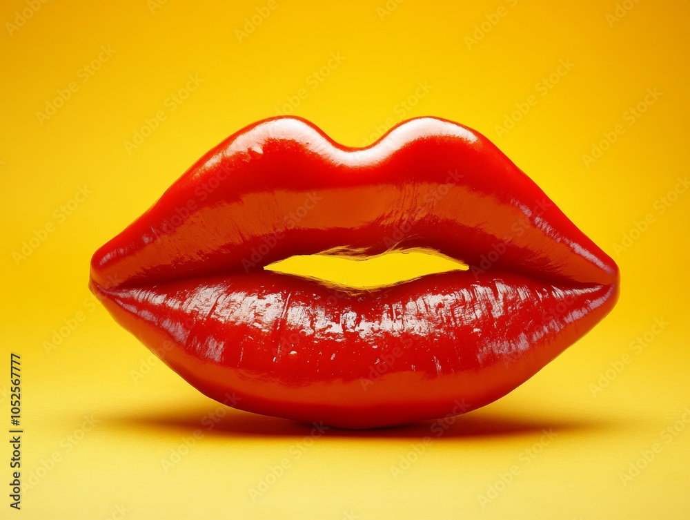 Obraz premium Bright red lips in the center of a vibrant yellow background create a playful and bold visual expression in a studio setting
