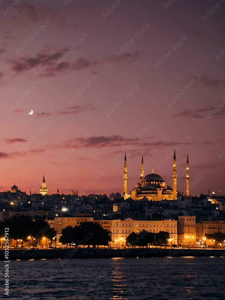 Obraz premium Golden Horn at night with a mosque skyline in pink.