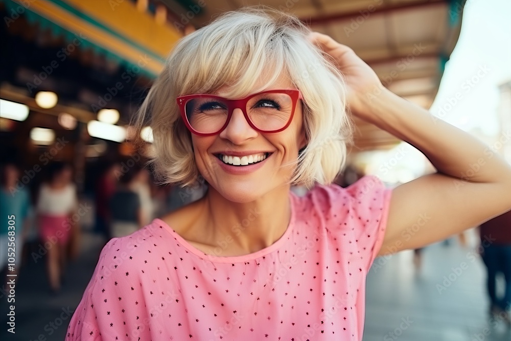 Portrait of happy mature woman with eyeglasses in shopping centre Portrait of happy mature woman with eyeglasses in shopping centre