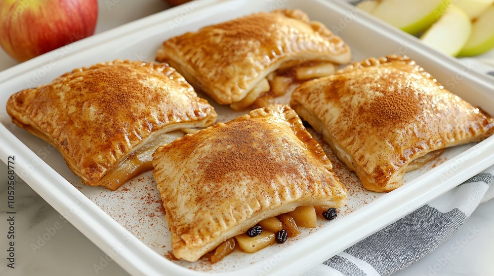 Turnover with spiced apple and raisins, placed on a white ceramic dish, with a sprinkle of cinnamon and fresh apple slices Turnover with spiced apple and raisins, placed on a white ceramic dish, with a sprinkle of cinnamon and fresh apple slices
