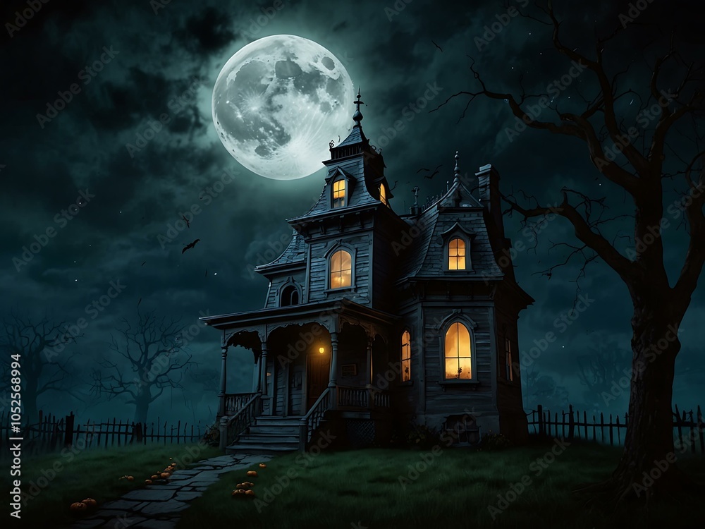 Halloween poster featuring a haunted house and moonlit sky. Halloween poster featuring a haunted house and moonlit sky.